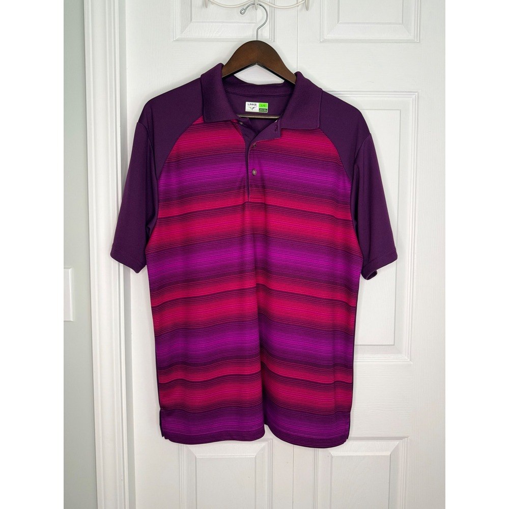 Links Edition Mens Golf Polo Shirt Large Purple Pink Striped Short Sleeve Raglan
